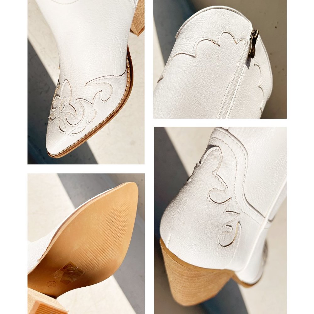 NEW White Western Cowgirl Cutout Applique Pointy Toe Block Heel Mid Calf Boots - Picture 13 of 16